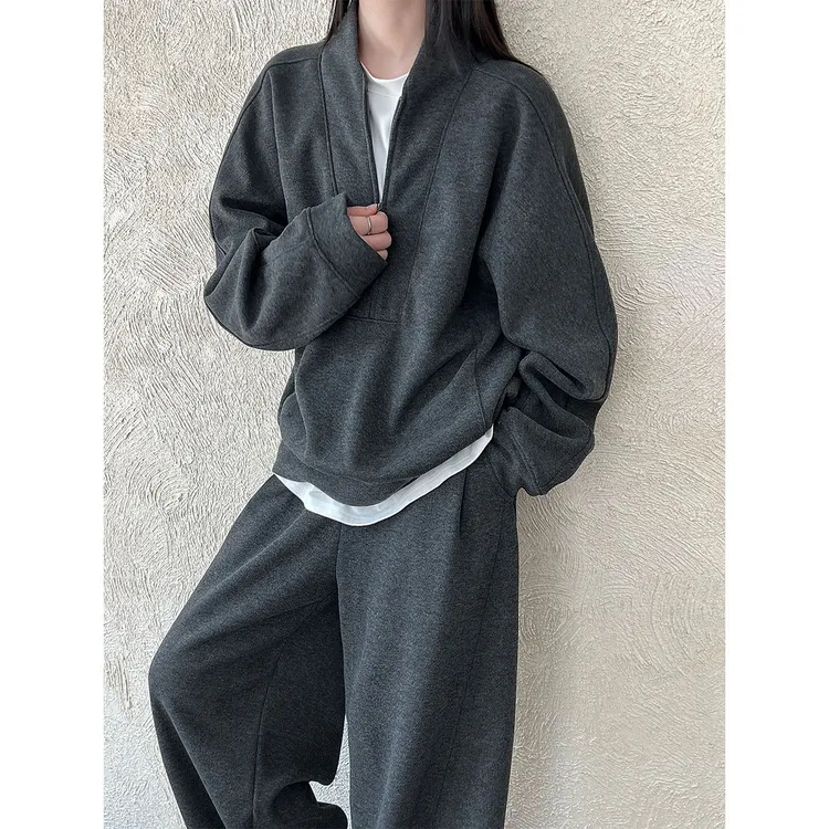 秋冬新款老钱风松弛感磨毛卫衣+弯刀裤两件套女休闲套装