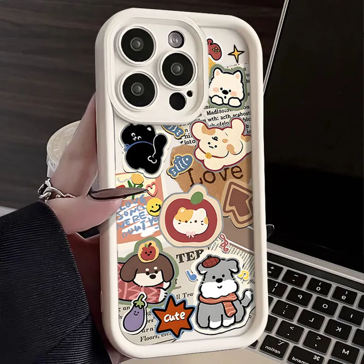 拼贴复古小狗适用iphone16苹果手机壳15promax金刚砂1413全包1211