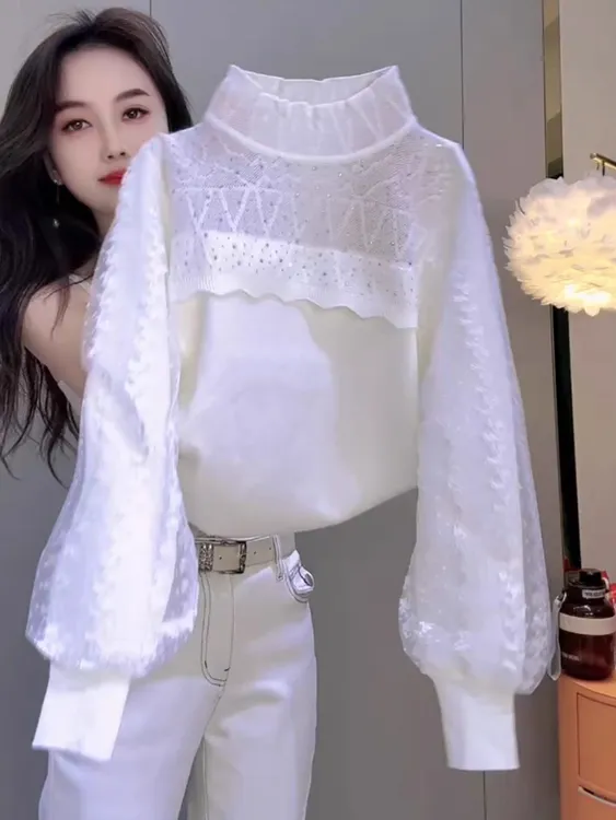 法式温柔气质烫钻蕾丝拼接针织衫女2025秋冬新款设计感洋气打底衫