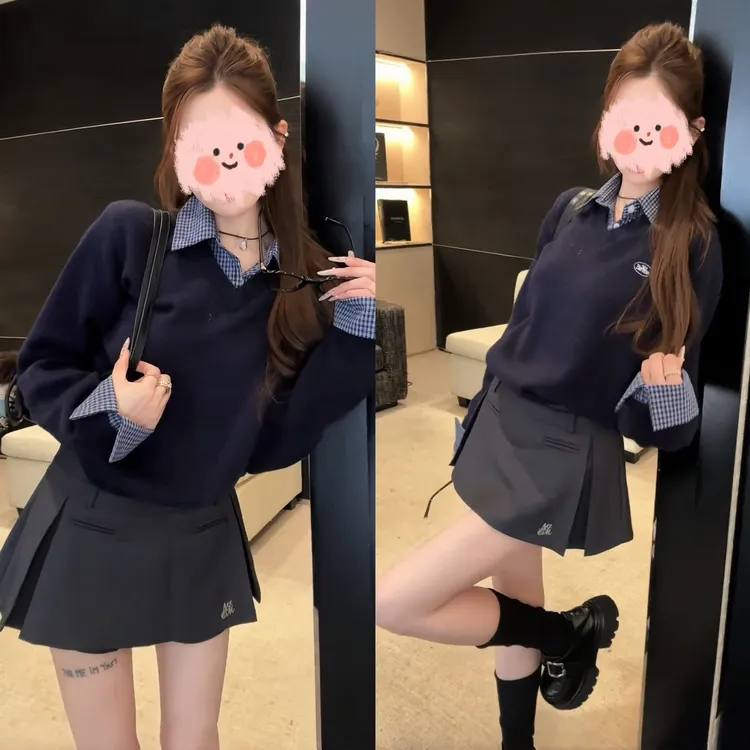 网红洋气炸街女装2025秋季韩系假两件拼接卫衣显瘦半身裙裤套装女
