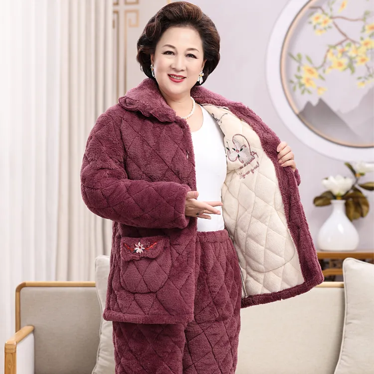 秋冬季睡衣女士珊瑚绒三层夹棉加厚中老年加绒保暖家居服妈妈冬款