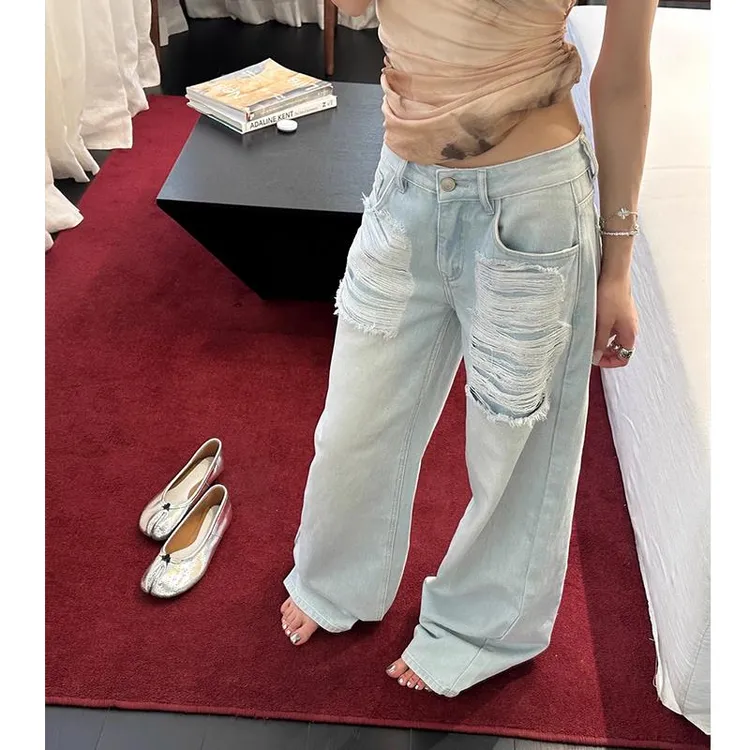 【品质欧货】复古薄款磨破牛仔裤女夏季新款低腰显瘦宽松阔腿裤直