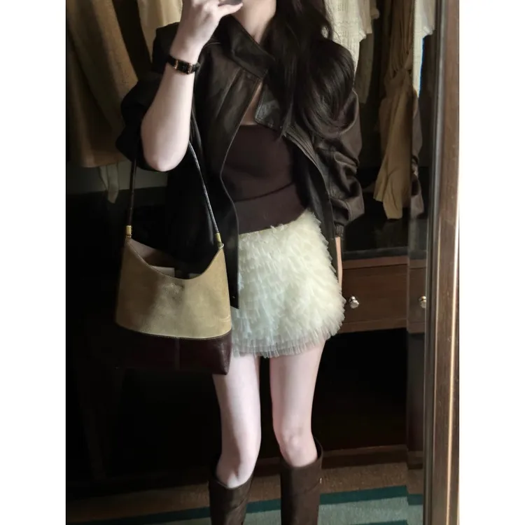 高级感短款皮衣外套女今年流行复古机车夹克杏色网纱蛋糕裙半身裙