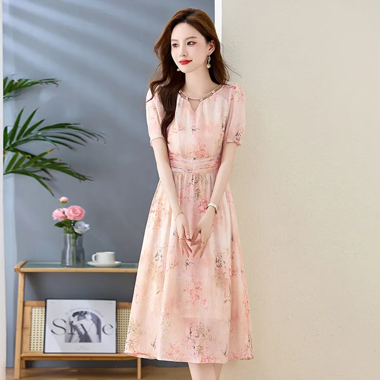 常规优雅淑女范印花连衣裙女夏季新款高端精致百搭修身裙子JX3322