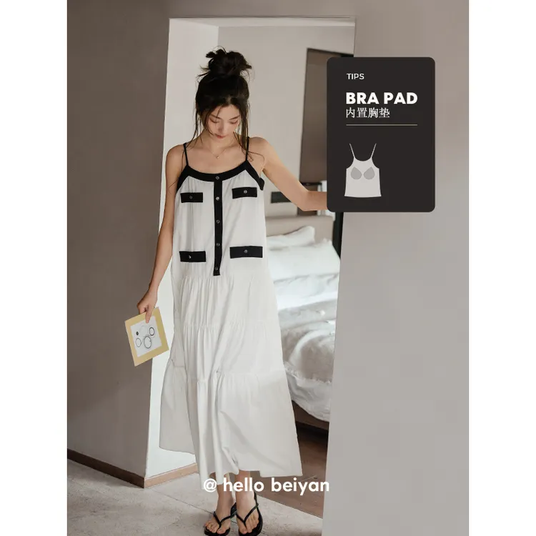 贝妍小香风睡裙女款夏天性感吊带胸垫睡衣休闲梭织棉中长款连衣裙