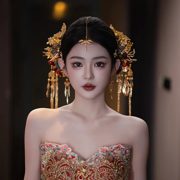 合金婚庆饰品 新中式新娘秀禾服汉服复古金色龙凤褂流苏发饰G0147