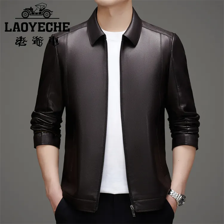 老爷车皮衣爸爸男装2025年秋季纯色轻奢高档时尚休闲中老年翻领
