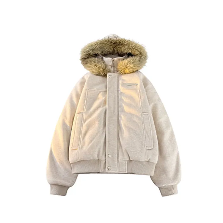 高级轻奢座山雕毛领连帽休闲毛呢拼接秋冬棉服情侣款上衣外套