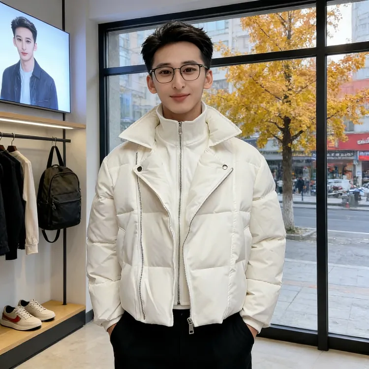 男士冬季潮流新款加厚假两件拼接机车领棉服外套