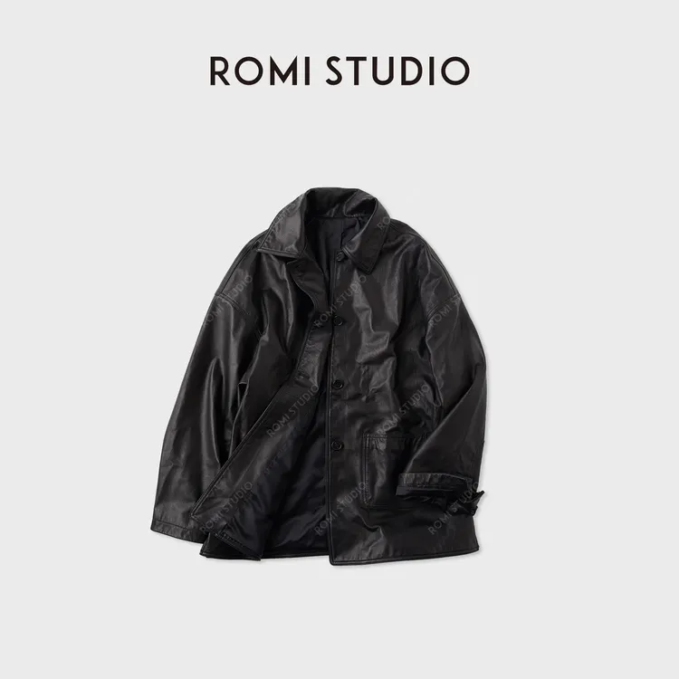 ROMI STUDIO“智性松弛”进口牛皮洗水皱感落肩翻领皮衣 RWCWSG6161