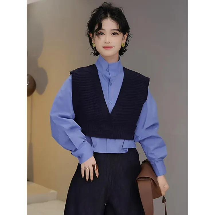 “蓝色信笺”2025早秋高级感法式V领马甲＋格纹衬衫可拆卸两件套套装
