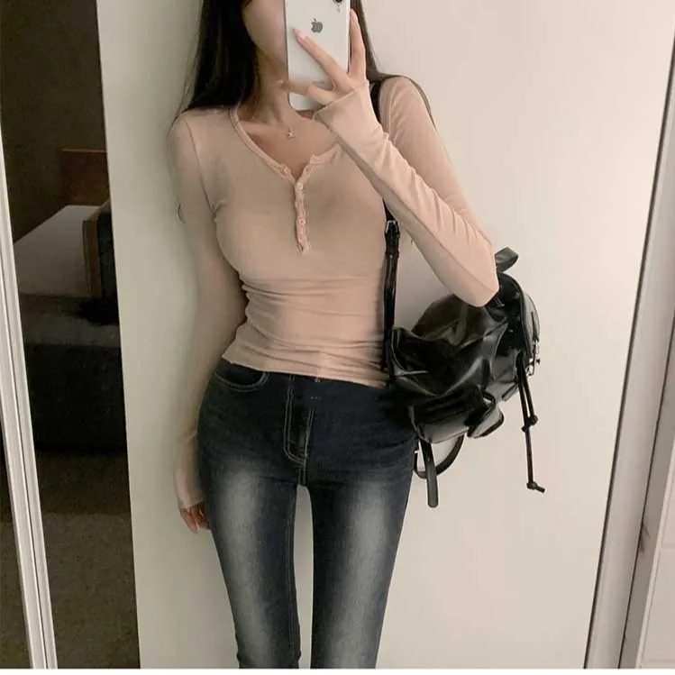 纯欲紧身显胸半开领长袖打底衫女秋冬新款显身材上衣洋气辣妹T恤