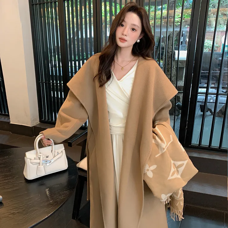 2025M家新款慵懒风大翻领双面羊绒大衣女中长款系带毛呢外套女