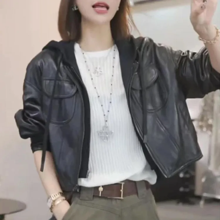 美式复古设计感短款连帽皮衣女春秋季2025新款小个子通勤百搭外套