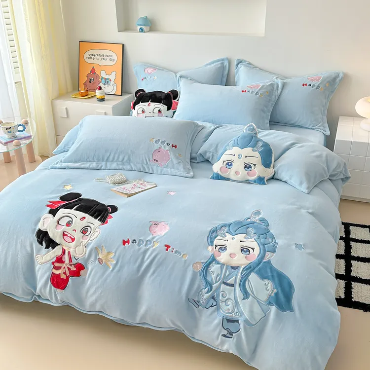 加厚牛奶绒哪吒敖丙四件套卡通珊瑚绒被套儿童男孩冬季床上用品