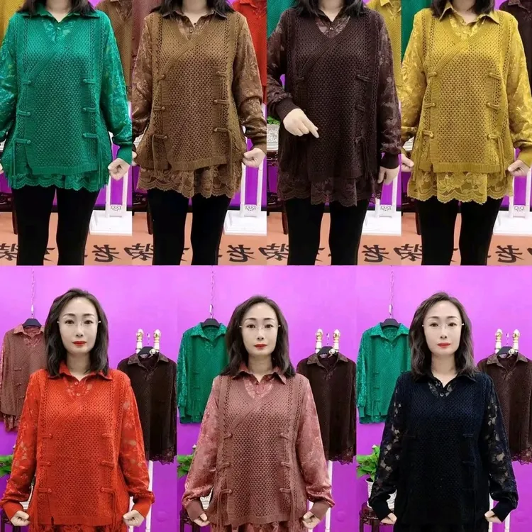 蕾丝拼接假两件简约气质针织衫时尚洋气百搭