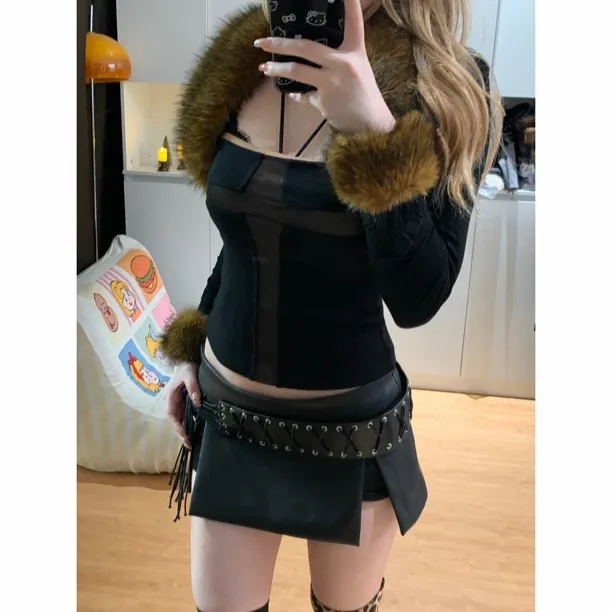 【十字架两件套加绒】吊带+坎肩毛领十字架毛毛修身辣妹坎肩套装