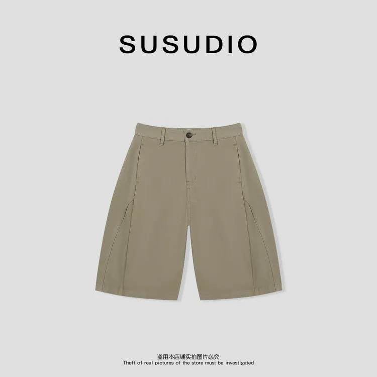 SUSUDIO 100棉 复古洗水做旧工装立裁休闲气球五分裤 40518