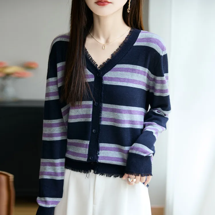 精纺羊毛条纹毛针织衫撞色条纹秋冬女毛衣针织宽松流苏V领套头衫