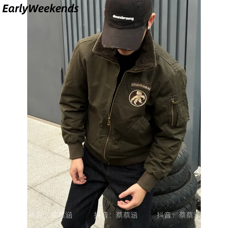 周末早起 美式硬核冬季棉服加绒加厚立领可翻夹克装休闲外套9605