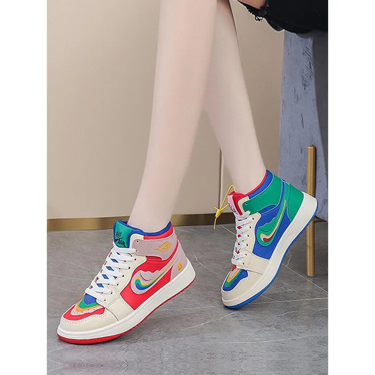 雅麦斯高帮鸳鸯鞋女士2025新款平底拼色彩虹板鞋学生潮流运动鞋子