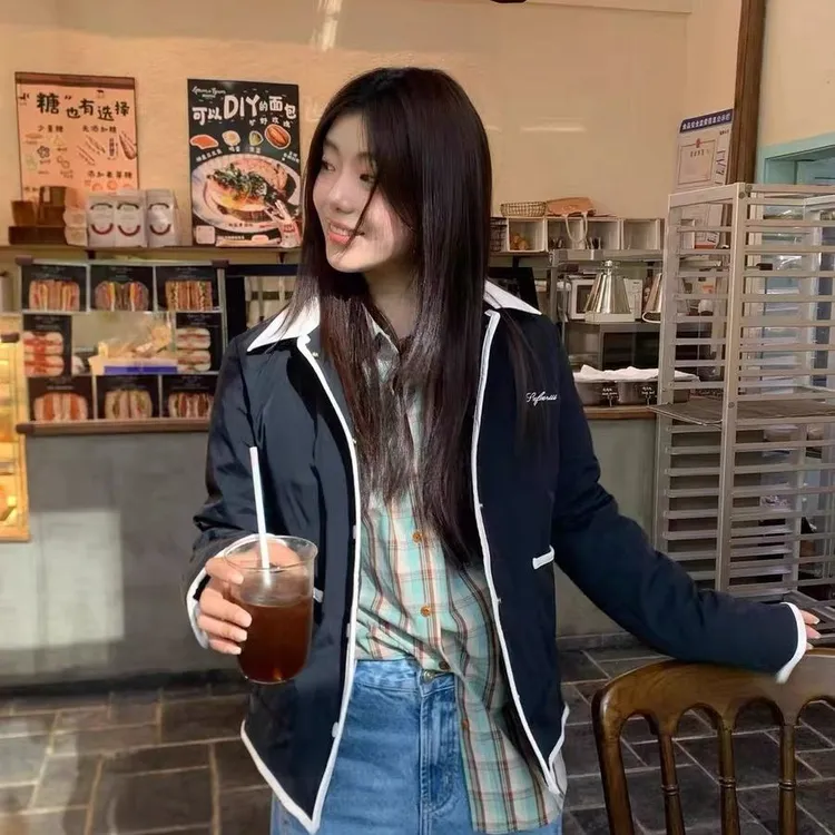 2025冬季新款刺绣棉服简约百搭复古撞色翻领运动休闲棉袄外套上衣