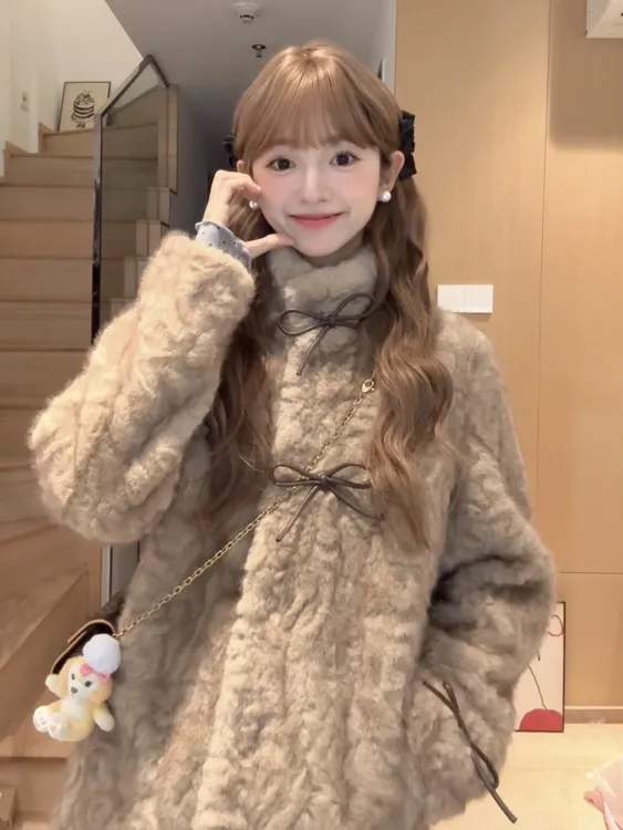 小熊心事 立领染尖环保皮毛一体外套女冬季慵懒休闲加厚毛毛大衣