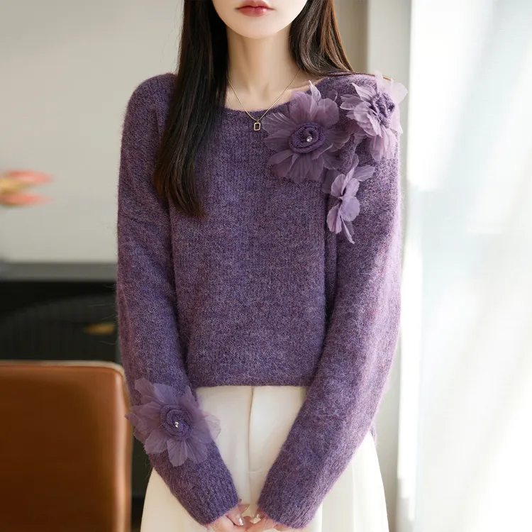 哥弟阿玛施正品秋冬洋气立体花朵紫色羊毛打底衫小香风时尚针织衫