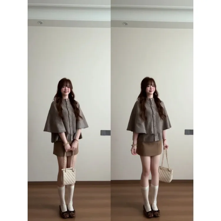 MARIE.COCO法式春秋季千金风毛针织斗篷披肩外套百搭包臀裙套装女