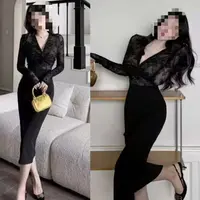 大码御姐蕾丝扭结V领连衣裙气质海妖风名媛修身开叉包臀裙1966