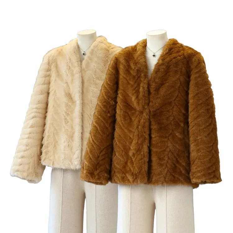 韩系轻奢气质V领环保金叶貂短款毛毛外套冬季