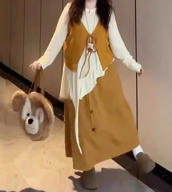 森系甜美风宽松显瘦马甲高腰半身裙套装