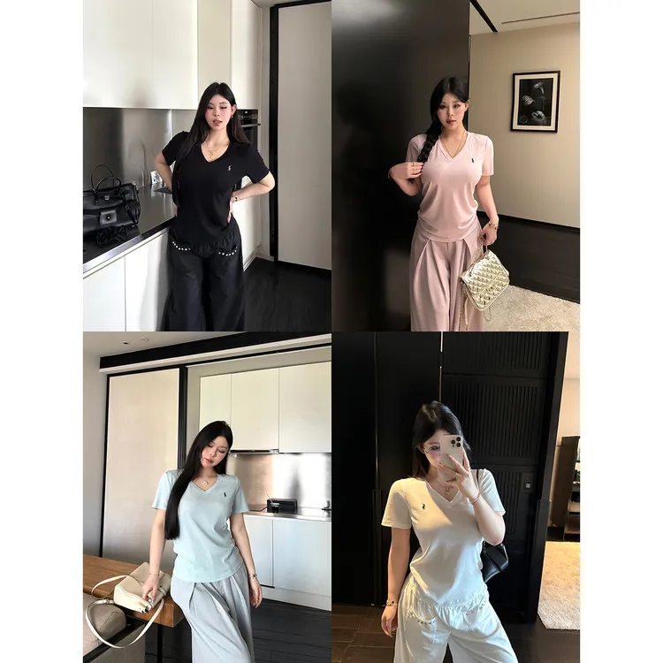 黑泽玄七夏季“lafu小马T”超好穿雪花棉V领T恤4色夏季显瘦上衣