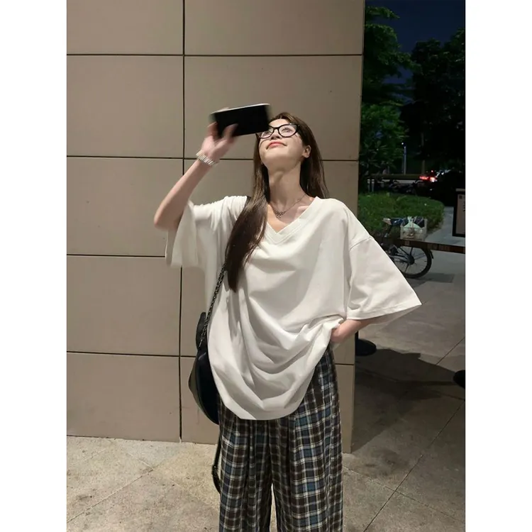 1154-V领t恤女短袖慵懒风有弹夏季2025超宽松显瘦纯色百搭棉