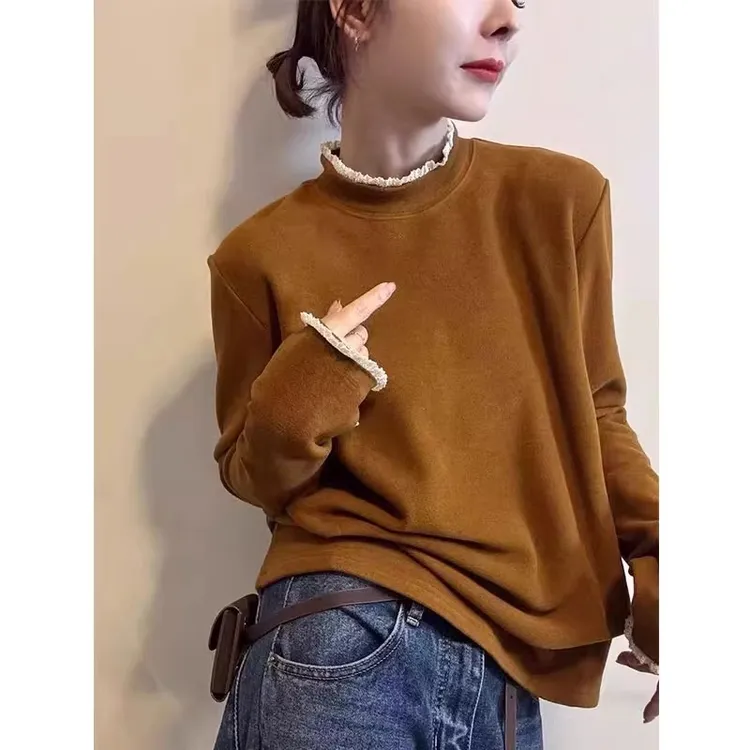 蕾丝花边双面绒长袖打底衫女2025秋冬款保暖韩版时尚洋气百搭上衣