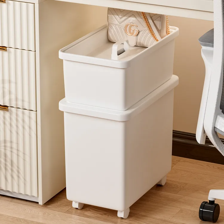 桌下带轮收纳箱窄款双层移动置物架办公室工位包包衣服带提手推车