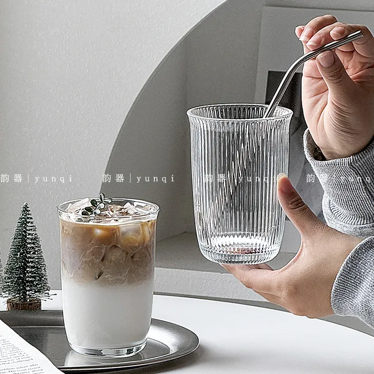 韵器ins果汁冷饮杯玻璃杯带吸管冰美式咖啡杯家用牛奶杯加厚u形杯