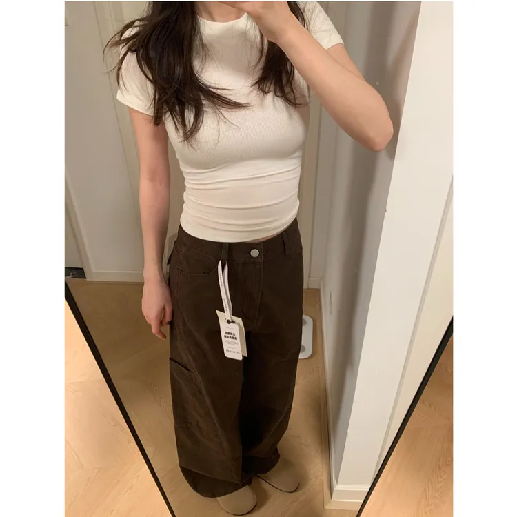 流光风美拉德棕色牛仔裤女款小个子阔腿裤145-150爆款潮款工装裤