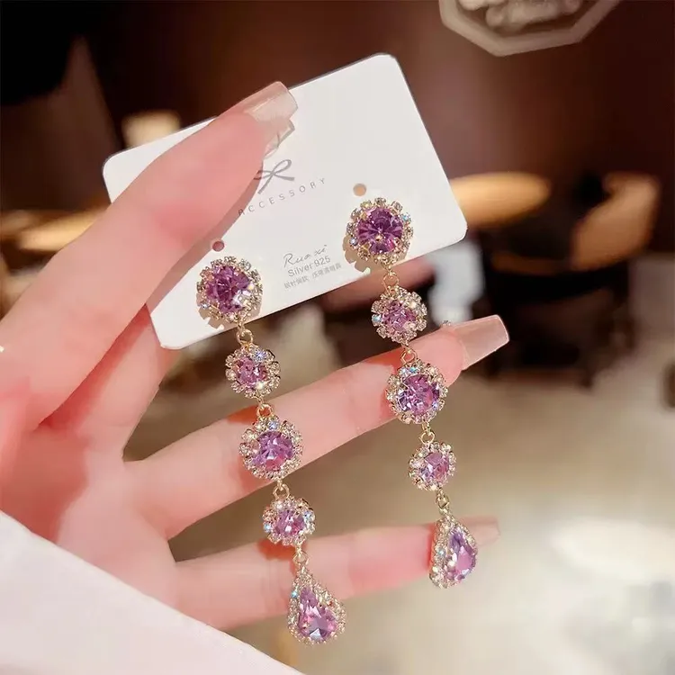 铜合金耳饰 超闪锆石紫色流苏耳饰高级感时尚耳钉夸张耳环高质量