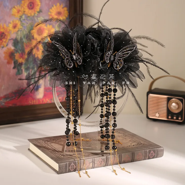 锦月如歌抓夹蝴蝶羽毛流苏珠珠发夹原创设计小众经典休闲发饰头饰