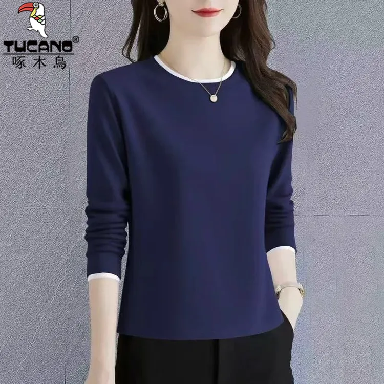 啄木鸟纯棉长袖t恤女士打底衫秋冬内搭中年新款韩版洋气正肩上衣