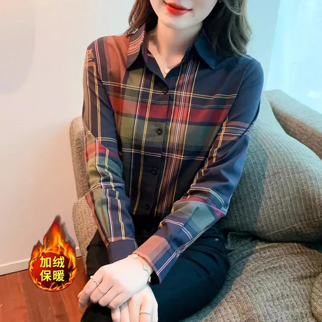 格子衬衫女秋冬季2025新款洋气内搭棉质上衣加绒加厚叠穿打底衬衣