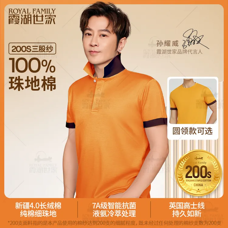 【非凡折叠200支】霞湖世家 男士尊贵珠地翻领纯棉短袖POLO衫113A 