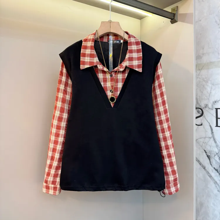 新款减龄翻领拼接格子假俩件时尚洋气大码女装设计感百搭上衣衬衫
