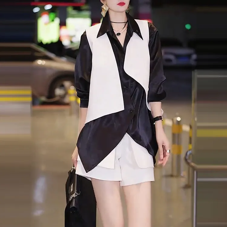 秋季新款洋气衣服女设计感不规则短款马甲外套百搭衬衫时尚两件套