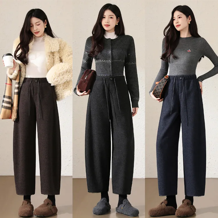 加绒加厚显瘦毛呢弯刀裤女秋冬2025新款九分直筒哈伦糯米奶奶裤子