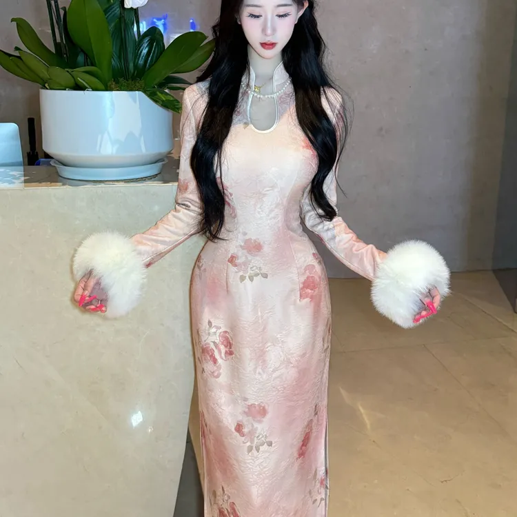 LHMknk1画报夫人原创秋冬针织提花旗袍连衣裙 朝花夕拾秋冬水滴