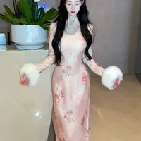 LHMknk1画报夫人原创秋冬针织提花旗袍连衣裙 朝花夕拾秋冬水滴