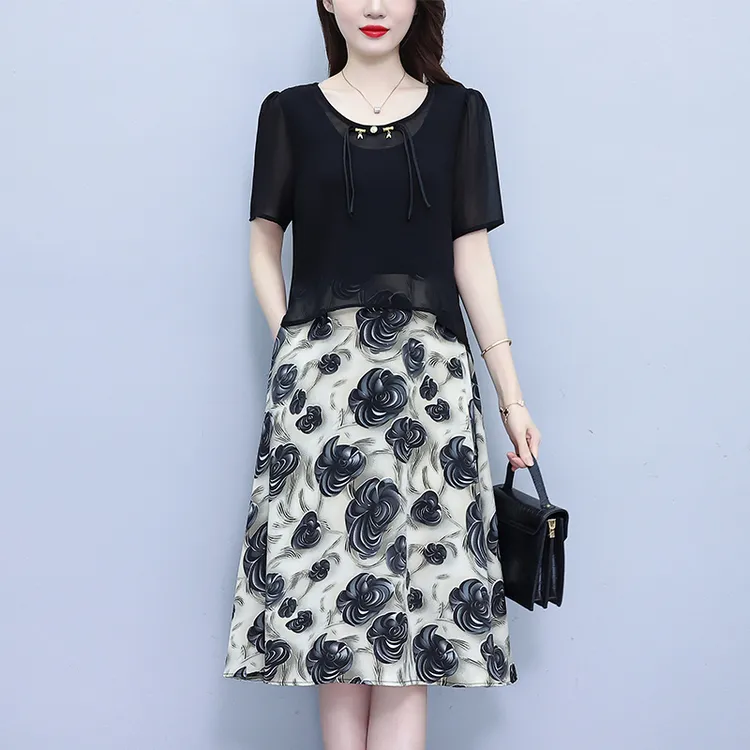高档气质假两件连衣裙女2025夏季新款遮肚子显瘦时尚优雅妈妈裙子