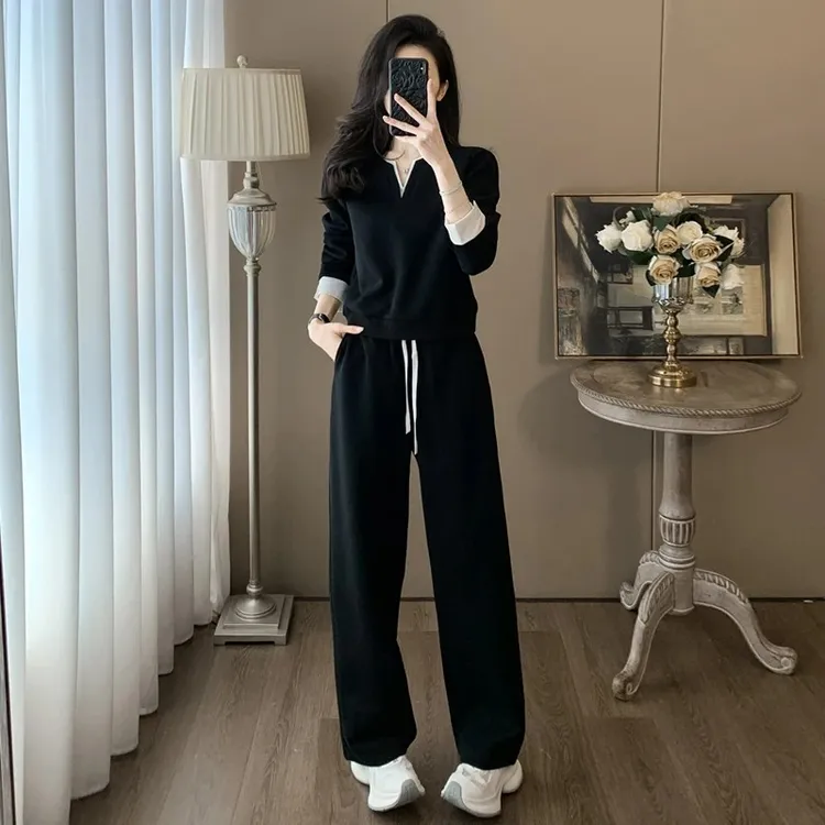 时尚休闲V领长袖显瘦阔腿裤运动套装女春秋高级感减龄穿搭一整套